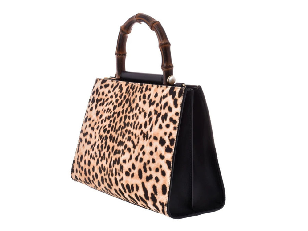 Gucci 2way Strap Bamboo Calf Hair Handbag Leopard Black